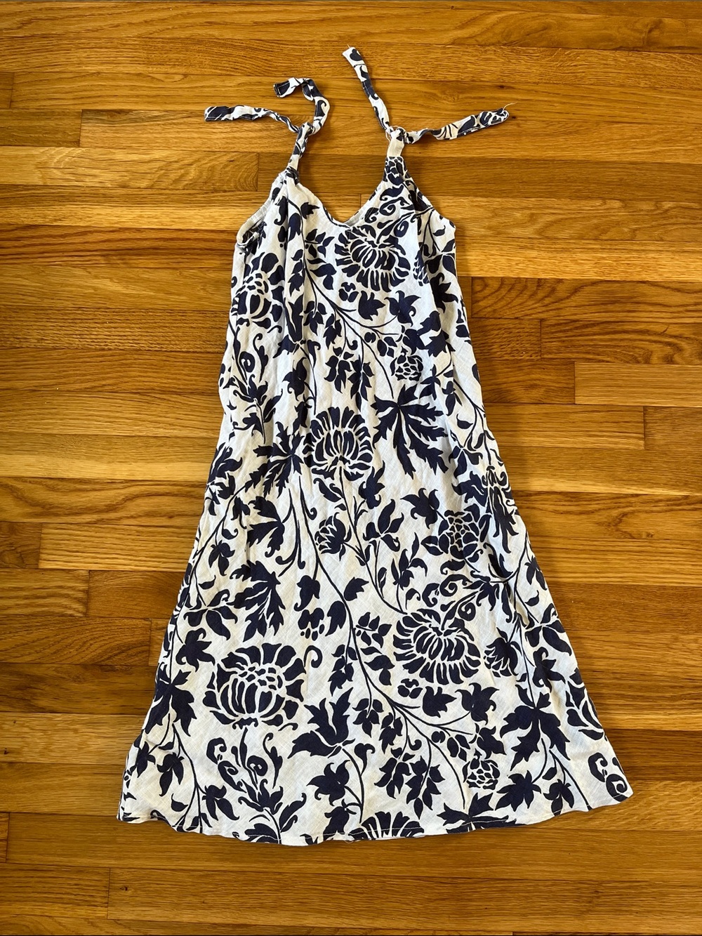 Linen White and Navy Floral Tie-Shoulder Sundress